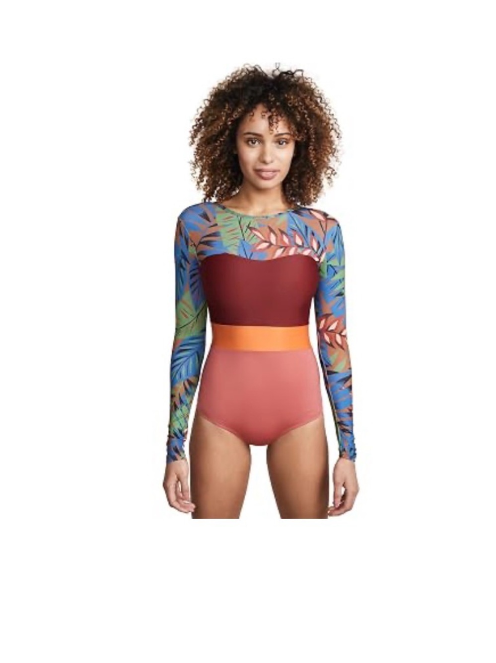 Seea Hermosa Long -Sleeve Colorblock One-Piece in Maroon, Coral & Blue Tropical